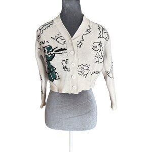 Cider Dinosaur-Print Cropped Cardigan Sweater With Button Front - Women’s Size S